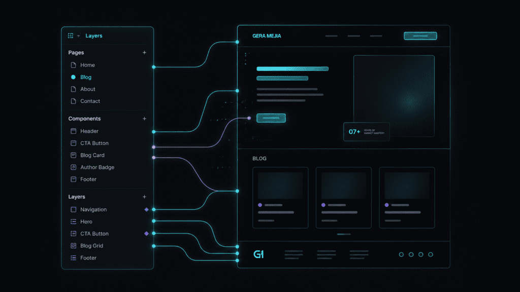 Futuristic Figma-style interface showing clean layer naming and organized components flowing into a website layout.