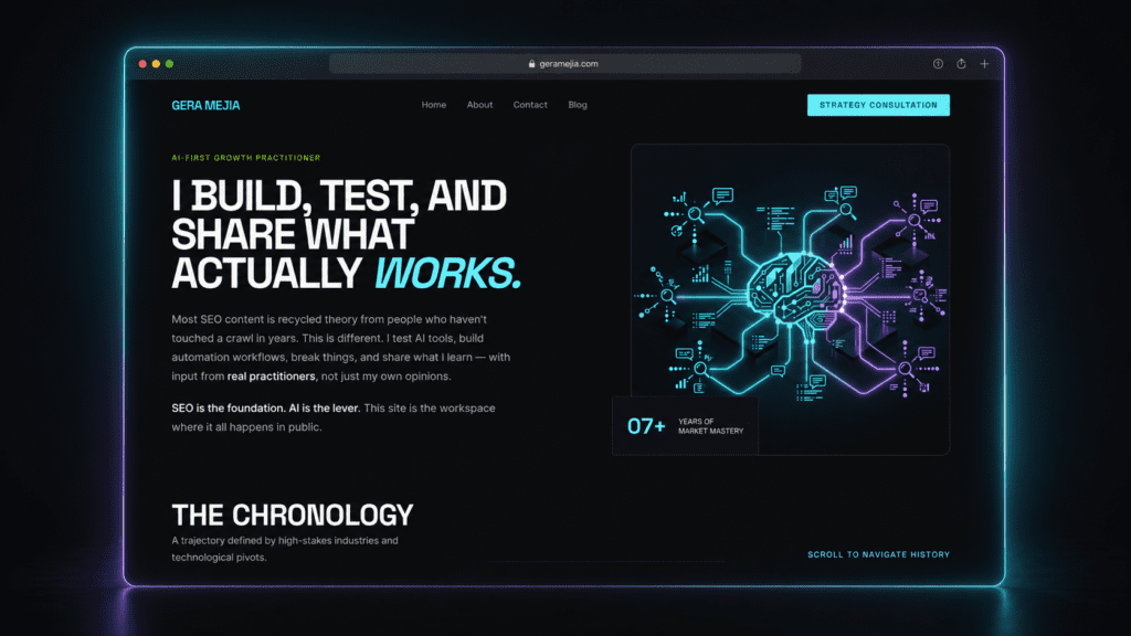 Futuristic browser preview of the geramejia.com homepage with dark design, neon cyan accents, and AI-first growth messaging.