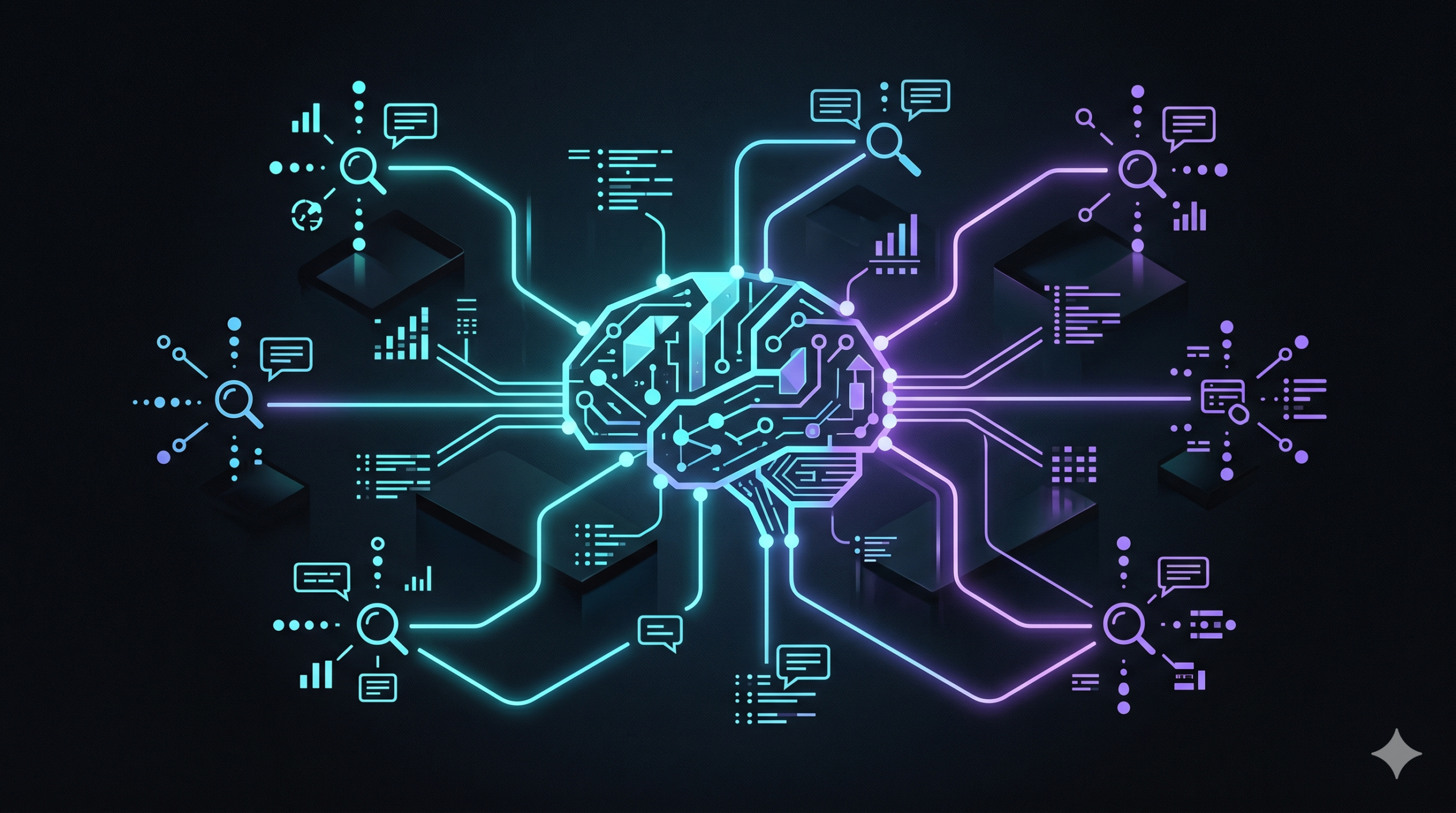 AI brain connected to search and analytics nodes — illustrating the decision framework for SEO AI agents