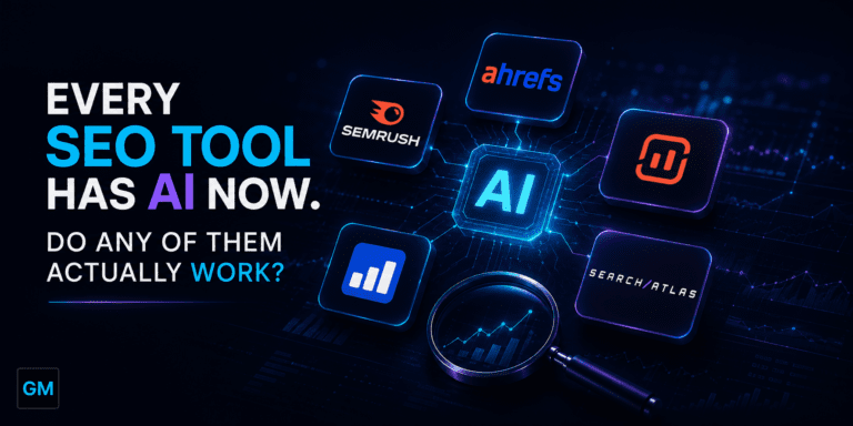 Dark futuristic header image for an AI SEO tools and article featuring glowing AI circuitry, floating logos from Ahrefs, Semrush, Surfer, SearchAtlas, and SE Ranking around a central AI core, with neon blue and purple lighting, analytics visuals, and a subtle GM logo matching the GeraMejia.com aesthetic.