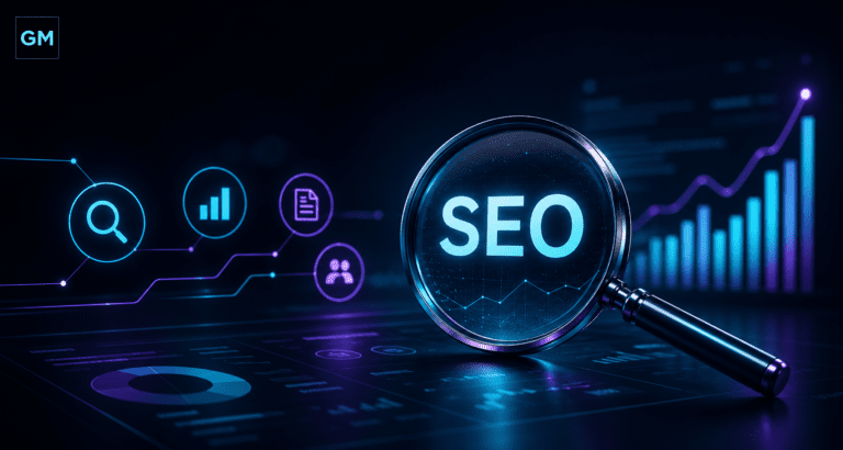 Dark futuristic SEO header image featuring a glowing magnifying glass with the word SEO, surrounded by neon analytics visuals, charts, and connected marketing icons in cyan and purple tones, styled to match GeraMejia.com with a subtle GM logo in the corner.