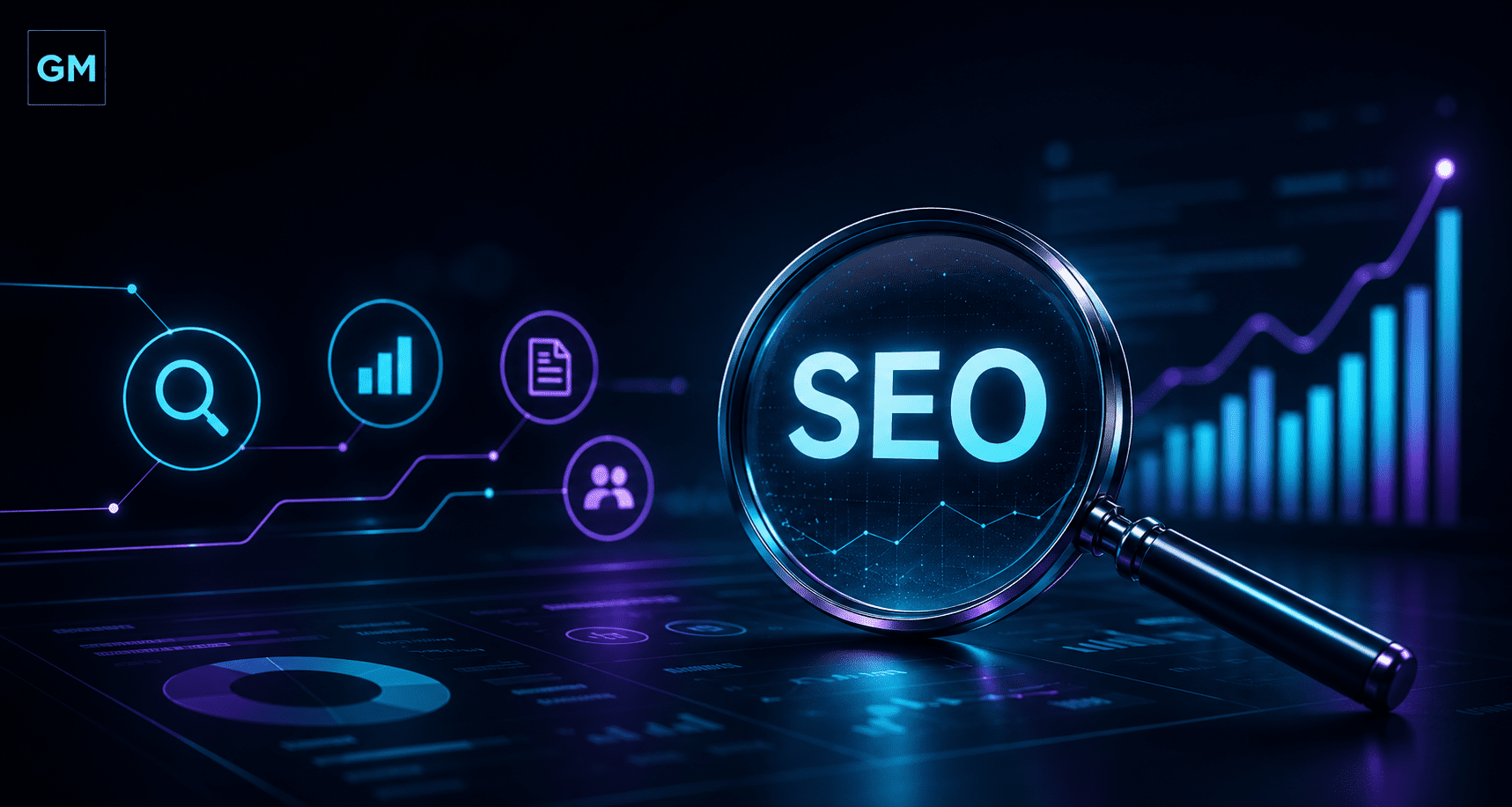 Dark futuristic SEO header image featuring a glowing magnifying glass with the word SEO, surrounded by neon analytics visuals, charts, and connected marketing icons in cyan and purple tones, styled to match GeraMejia.com with a subtle GM logo in the corner.