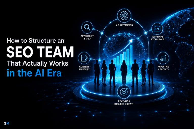 Dark futuristic editorial header image for an article about modern AI-oriented SEO teams structures with glowing blue visuals and minimal text.