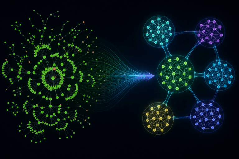 Comparison between traditional SEO crawl visualization and semantic topical authority clustering, showing chaotic link-based structure versus organized meaning-based clusters