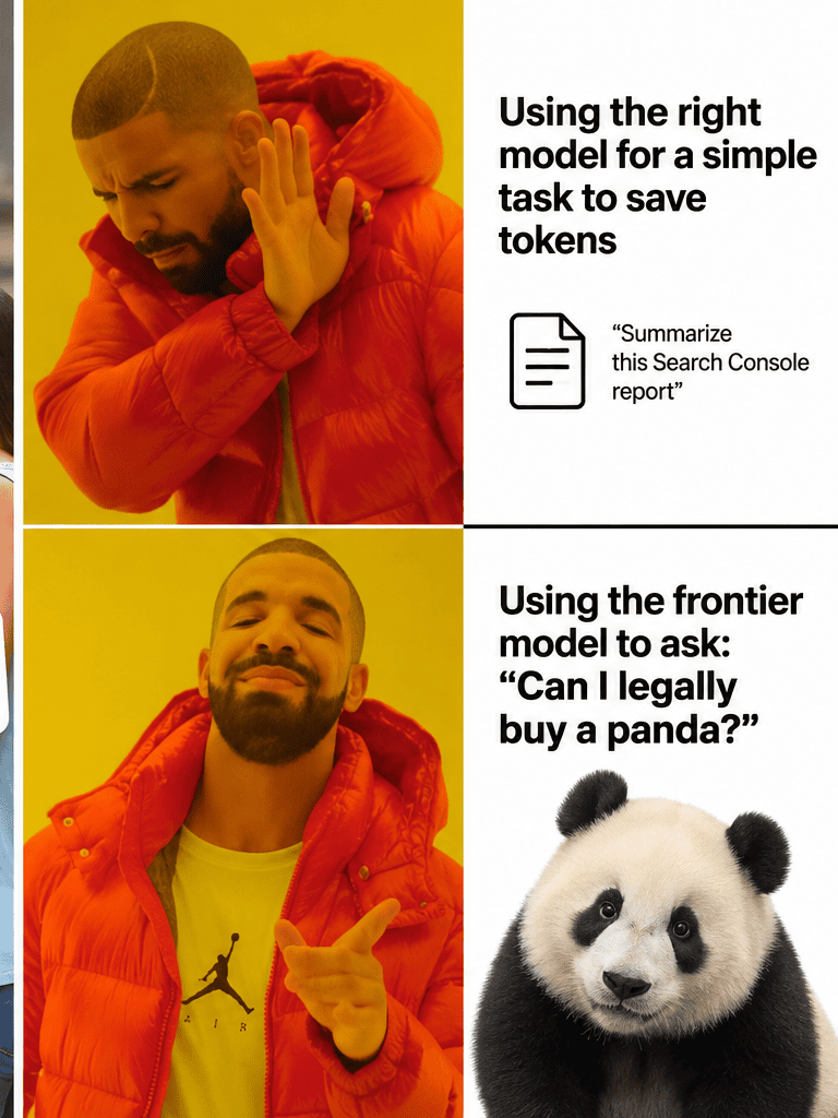 Drake meme rejecting the right model for a simple Search Console summary and choosing a frontier model to ask whether owning a panda is legal.