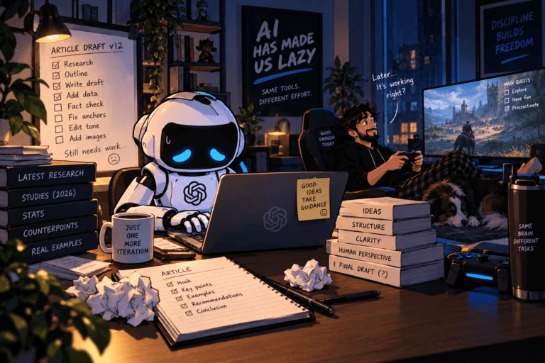 An AI robot works on an unfinished article while a man plays a video game beside a checklist of edits still needing human review.
