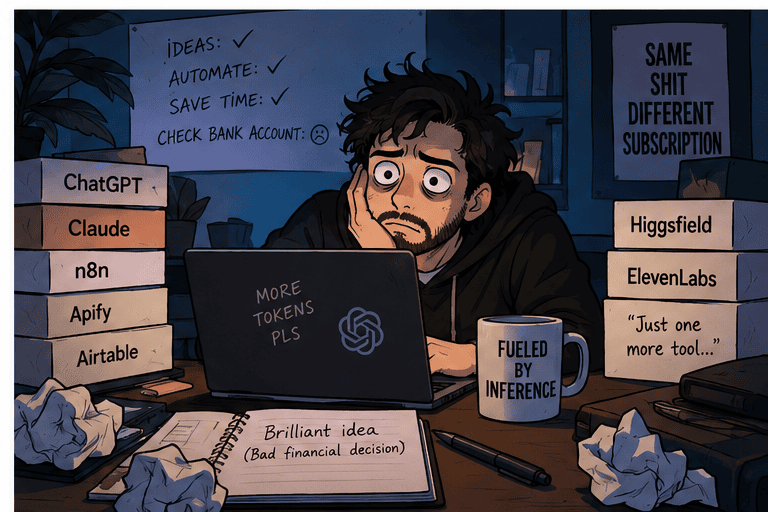 Illustration of a man working at a laptop surrounded by AI subscriptions and automation tools, with coffee beside him.